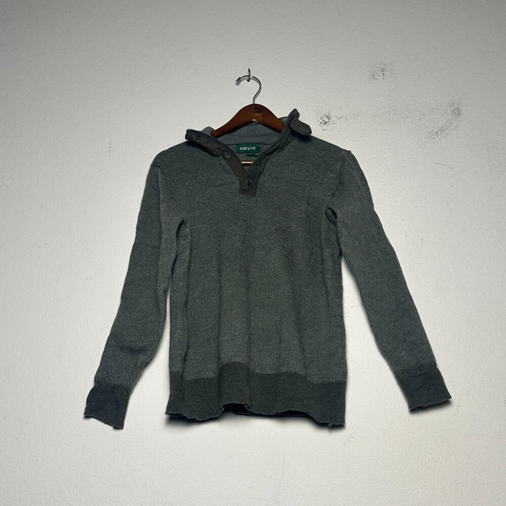 Orvis Wool 1/4 Button Zip Sweater Green Men M Prep Retro Outerwear Casual Fall